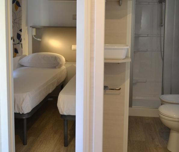 Room with twin beds and private bathroom with shower.